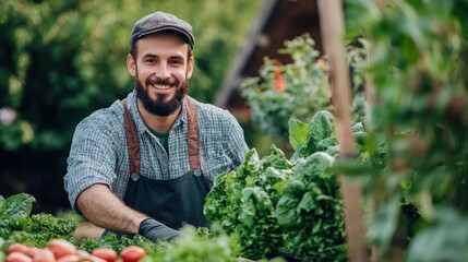 A smiling man in an apron standing in a garden, surrounded by fresh vegetables and herbs.