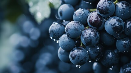 A close-up of a ripe, dark purple grape cluster with water droplets on it, set against a blurred green background.