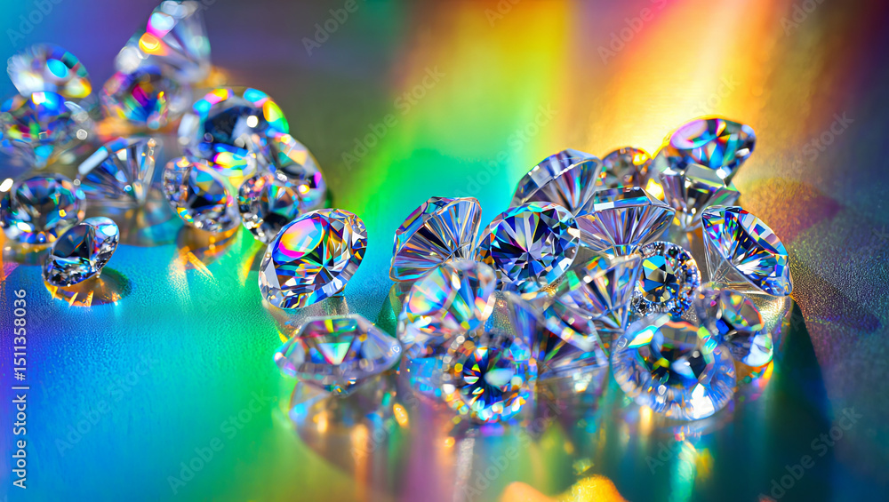 Poster a variety of cut diamonds are scattered across a shiny surface, creating a dazzling array of reflect