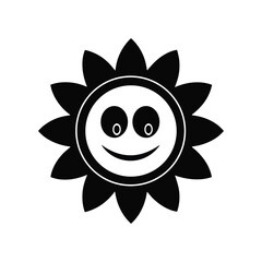 cheerful sun icon with smiling face and petals, black and white vector illustration for design and decoration.eps