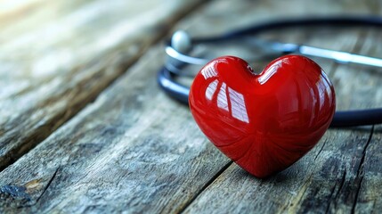 A red heart-shaped object placed on a wooden surface with a stethoscope in the background.