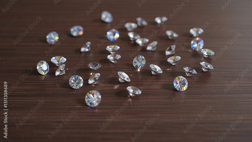 Poster various crystals reflecting light are scattered across a dark wooden surface. the arrangement shows 