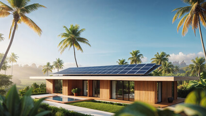 A luxurious modern home nestled in a tropical landscape, featuring solar panels and a refreshing pool.