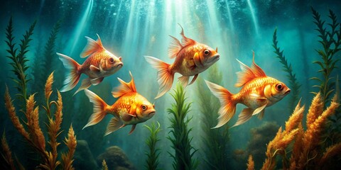 Serene Underwater Realm Four Golden Fish Gracefully Swim Amidst Vibrant Aquatic Plants Under a Sunlit Surface