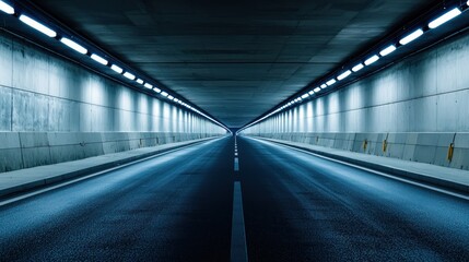 A long, dark tunnel with blue lights and a white wall on either side.