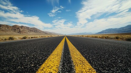 A long, straight road with yellow stripes in the desert, with mountains in the background and a clear blue sky.
