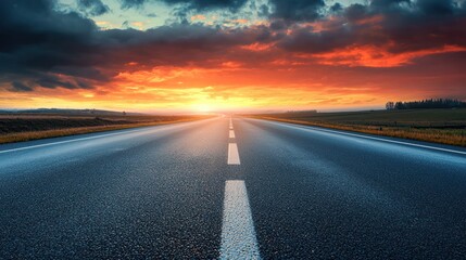 A long, straight road with a clear horizon and a vibrant sunset in the background.