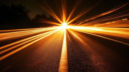 A car driving on a road at night with bright headlights illuminating the road and the car.