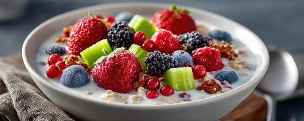 Low-fat dairy products metabolism and joints relief concept. A vibrant bowl of fresh berries and granola in creamy yogurt.