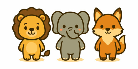 cartoon character of lion, elephant, fox, vector elephant, vector fox, vector lion, cartoon character, cute