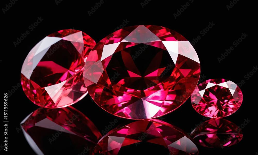 Poster three red gemstones of varying sizes are arranged in a visually appealing manner. the surface reflec