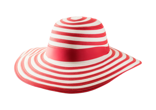 Red and white striped sun hat perfect for summer on transparent background, PNG