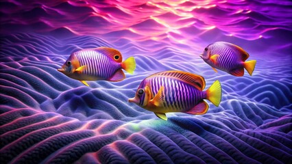 Fototapeta premium Vibrant Marine Life Three Striking Fish Swim Gracefully Over Undulating Ocean Floor at Sunset