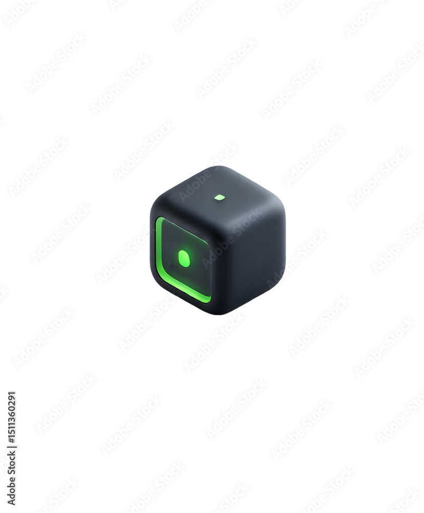 Poster isometric view of a dark gray cube with rounded edges and green glowing accents on a black backgroun