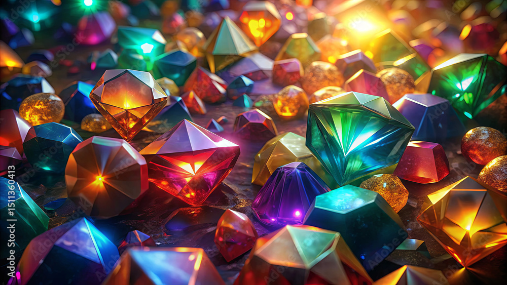 Poster vibrant gemstones of various shapes and sizes glimmer as light reflects off their surfaces, creating