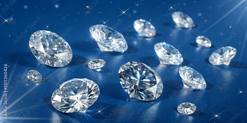 Poster a collection of sparkling diamonds lies on a brilliant blue surface. their facets reflect light, cre