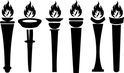 Torch with flame as victory champion icons set. Symbol of knowledge, guidance. Olympic symbol with red flame. Different style fire flames on white background. Fire extinguish equipment marketing idea.