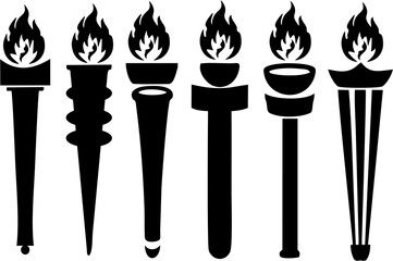 Torch with flame as victory champion icons set. Symbol of knowledge, guidance. Olympic symbol with red flame. Different style fire flames on white background. Fire extinguish equipment marketing idea.