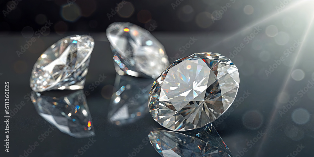 Aufkleber three brilliant diamonds rest on a polished surface, reflecting light and creating a stunning displa