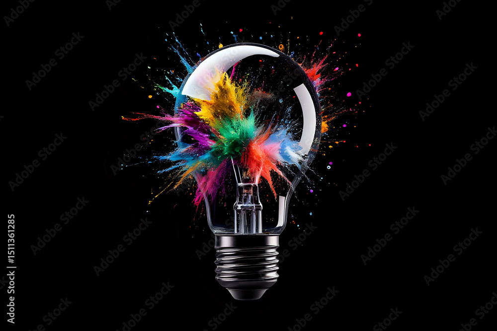 Poster creative light bulb explodes with colorful dry paint, sparks and splashes on a black background, con