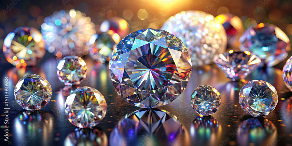 Poster shimmering gemstones of various sizes sit on a smooth surface, catching vibrant light reflections. t