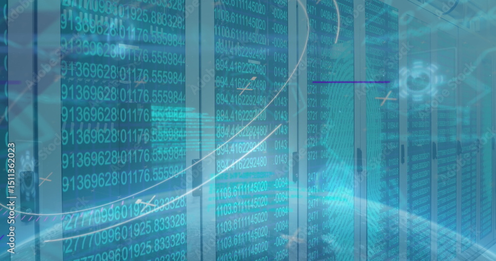 Poster image of data processing and icons over server room