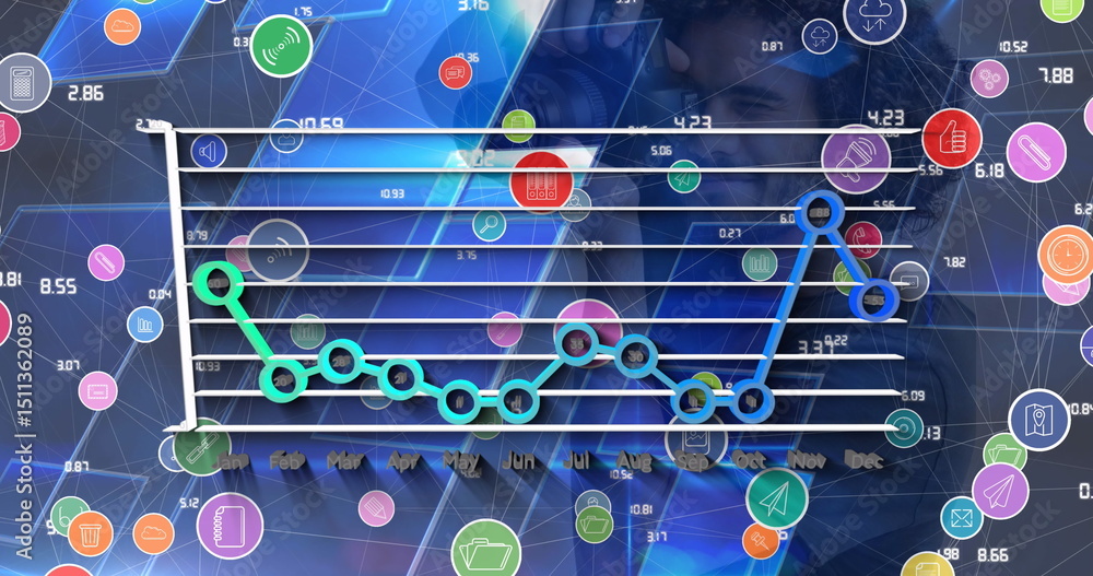 Poster image of network of digital icons and statistical data processing over caucasian photographer