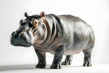 Fototapeta premium A hippopotamus standing calmly, showing thick skin and stubby legs.