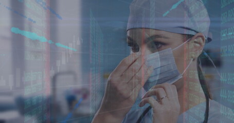 Image of data processing over caucasian female doctor with face mask