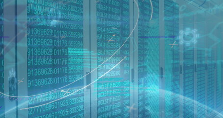 Image of data processing and icons over server room