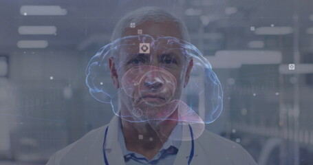 Scientist wearing lab coat studying holographic brain scan in lab corridor, with interface icons