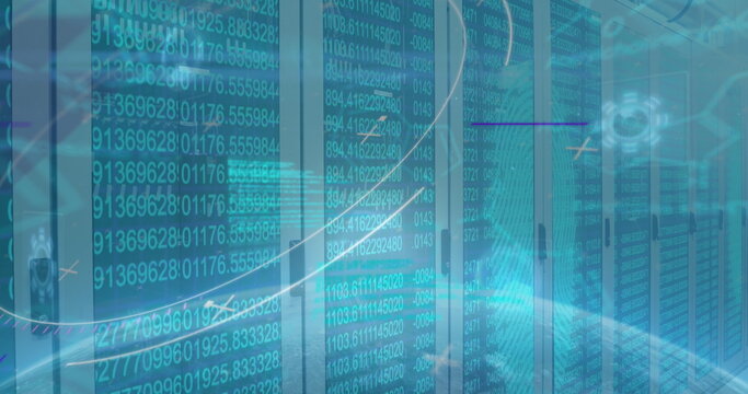 Image of data processing and icons over server room - Powered by Adobe