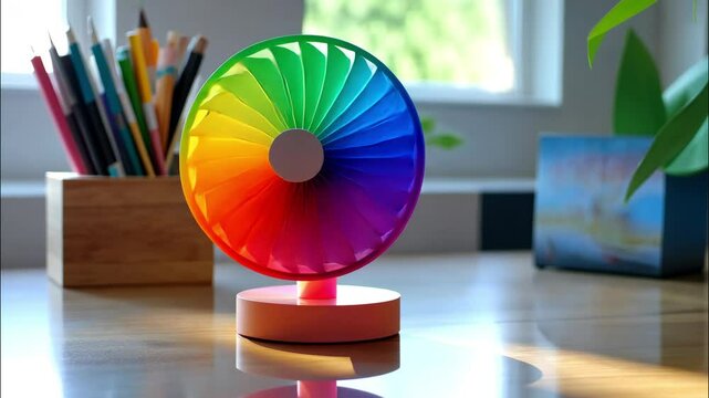 Colorful mini fan on a table with soft background