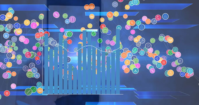 Image of network of digital icons and statistical data processing over smartphone with qr code