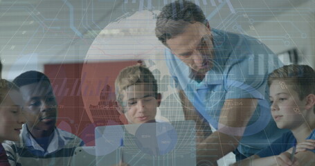 Image of graph and globe over caucasian male teacher and class of diverse pupils using laptop