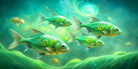 Naklejka premium Enchanted Aquatic Realm Four Gilded Fish Swim in a Serene Underwater Paradise with Whimsical Green Flora and Glowing Particles