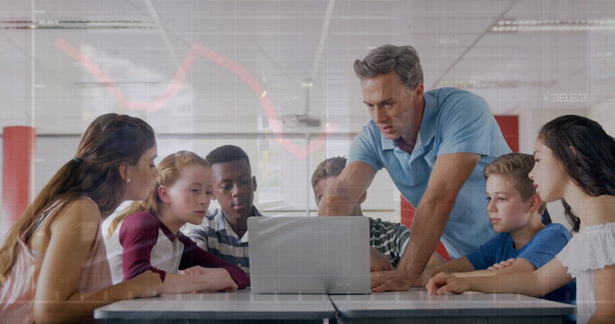 Image of data processing over diverse schoolchildren and teacher using laptop