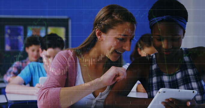 Image of data processing over diverse business people using kaleidoscopic