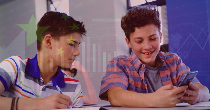 Naklejki Image of flag of china over happy caucasian boys using smartphone at school