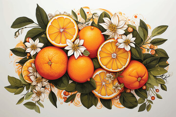 Oranges and poppies, vintage fruit illustration by Percy J. Callowhill Lith. Oranges and poppies still life art element illustration, vintage fruit design on white background.