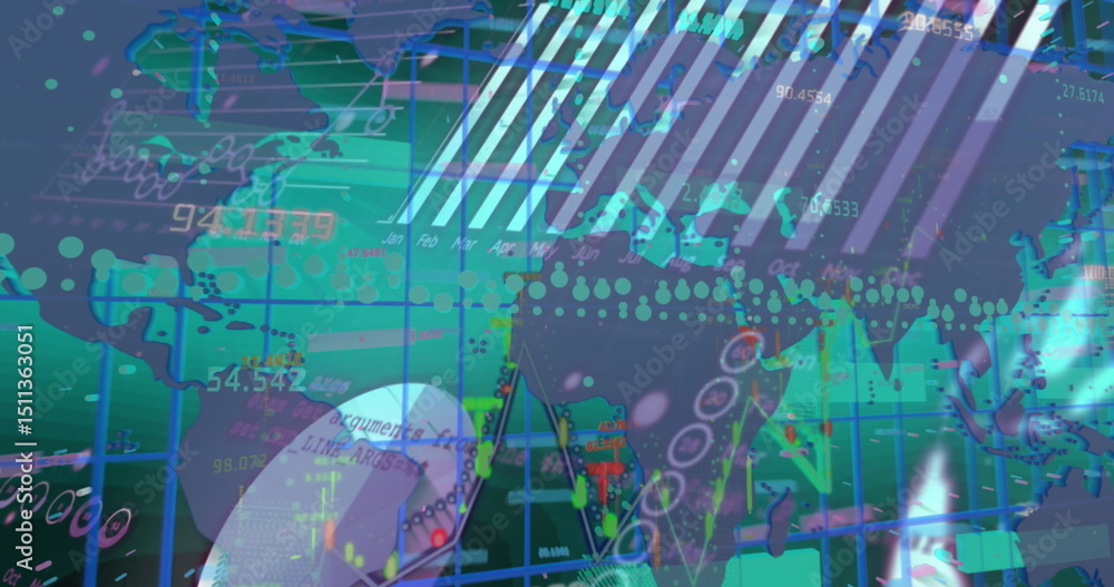 Poster digital image of financial and statistical data processing over world map on blue background