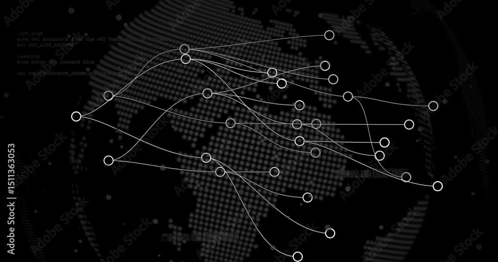Poster digital image of network of connections over spinning globe against black background