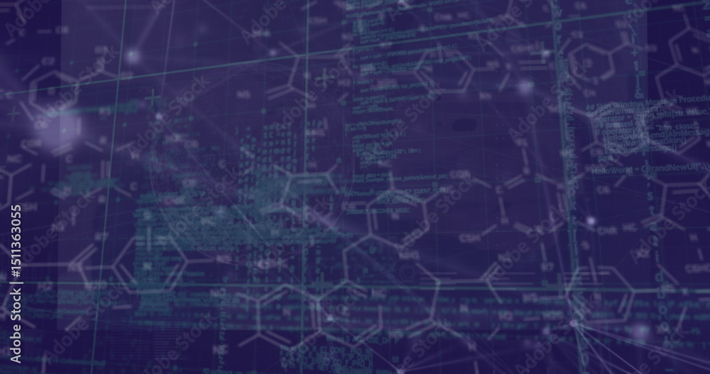 Poster image of network of connections and chemical structures over data processing on blue background