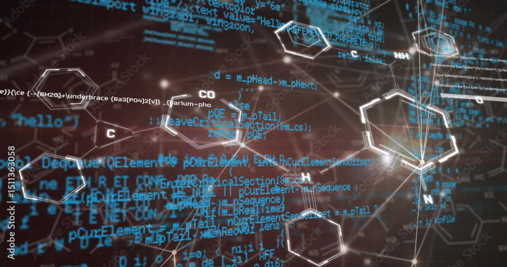 Poster image of network of connections and chemical structures over data processing on red background