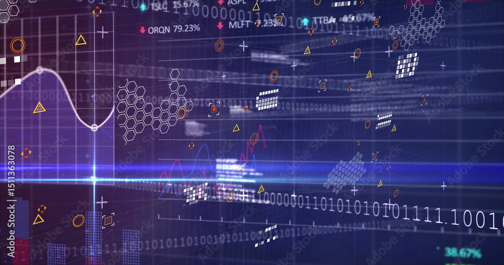 Poster image of data processing, icons and lights on violet background