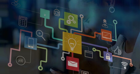 Image of network of connections with icons over african american woman using smartphone