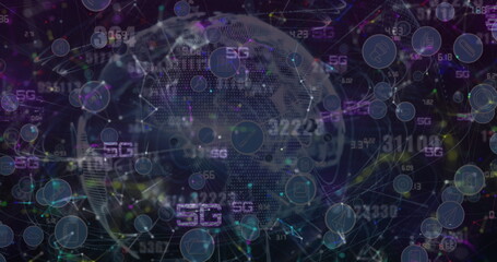Multiple 5g texts, network of connections and changing numbers over globe against blue background