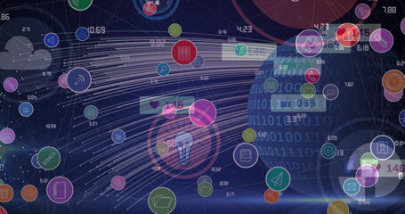 Network of digital icons and speech bubbles against light trails over globe on blue background