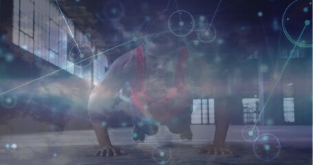 Image of network of connections and sky with clouds over african american man doing push-ups
