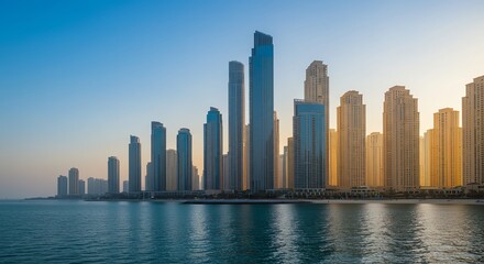 Obraz premium Coastal Skyscrapers at Sunset: A Serene Panoramic View